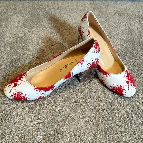Reindee Lusion White Red Splatter Transparent Block Mid Heel RoundToe Size 5 NEW - Picture 9 of 14